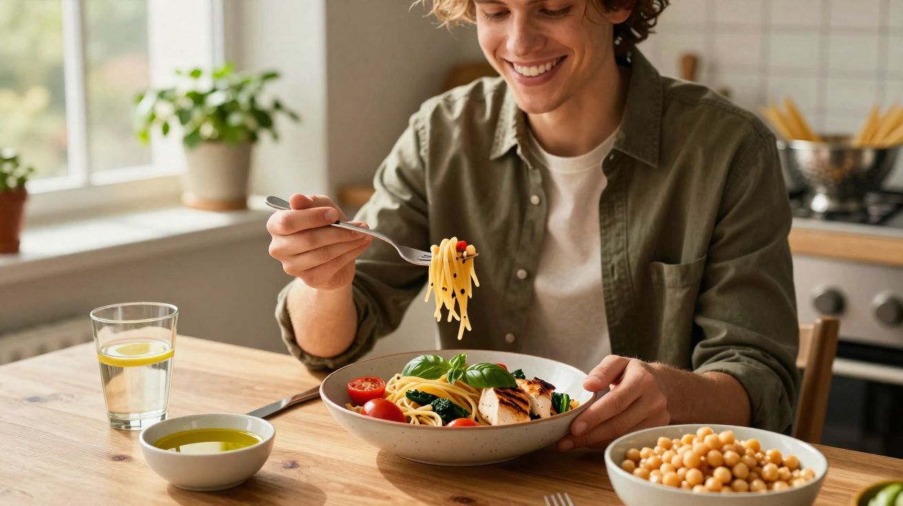 Jovem sorridente comendo macarrão com tomate e manjericão em uma cozinha iluminada.