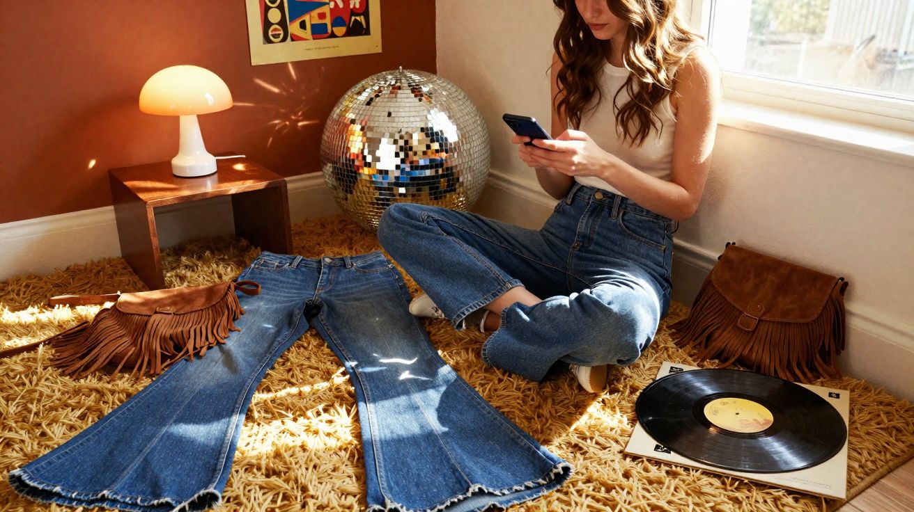 Mulher sentada no chão com celular, calça jeans, disco de vinil, bolsa e bola de espelhos ao fundo.