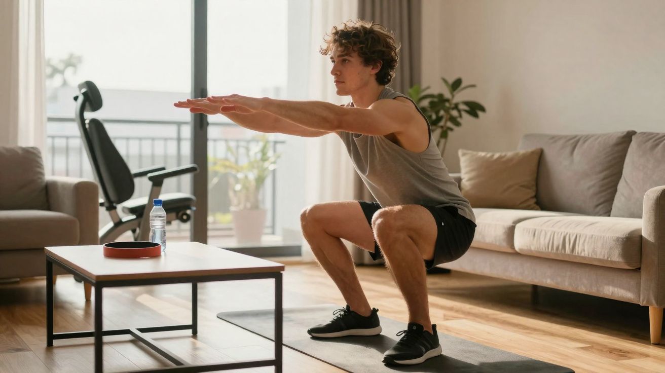 Homem jovem fazendo agachamento em sala de estar, exercitando-se em tapete de yoga diante de mesa.