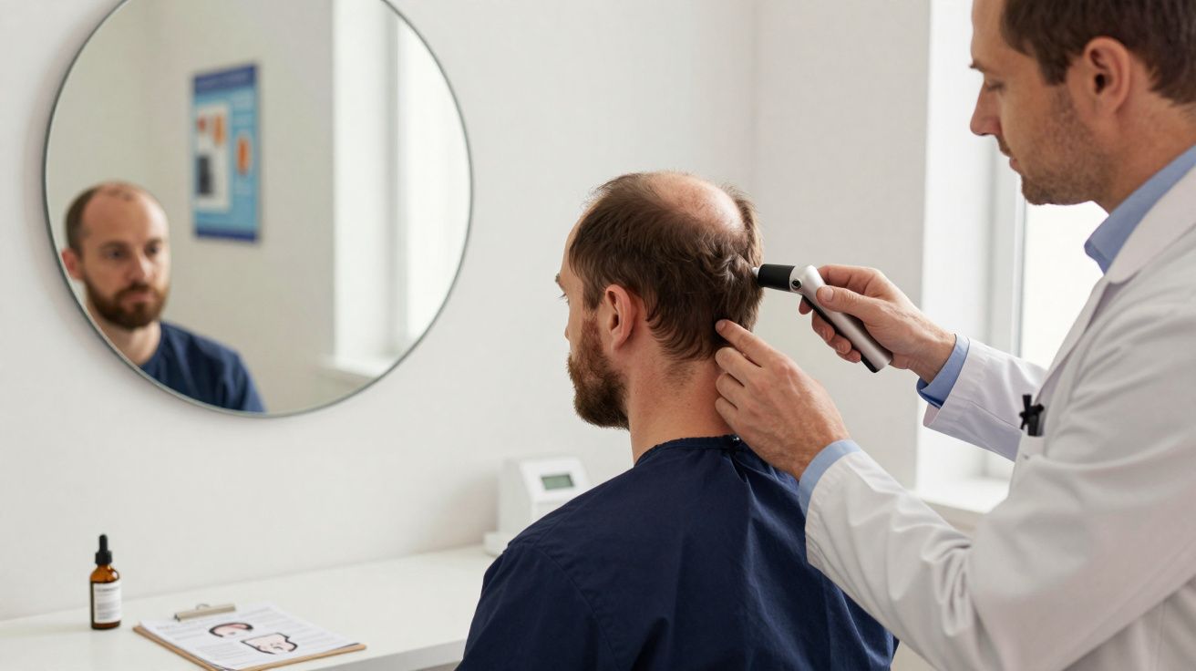 Homem careca sendo examinado por médico com otoscópio em clínica moderna com espelho circular.
