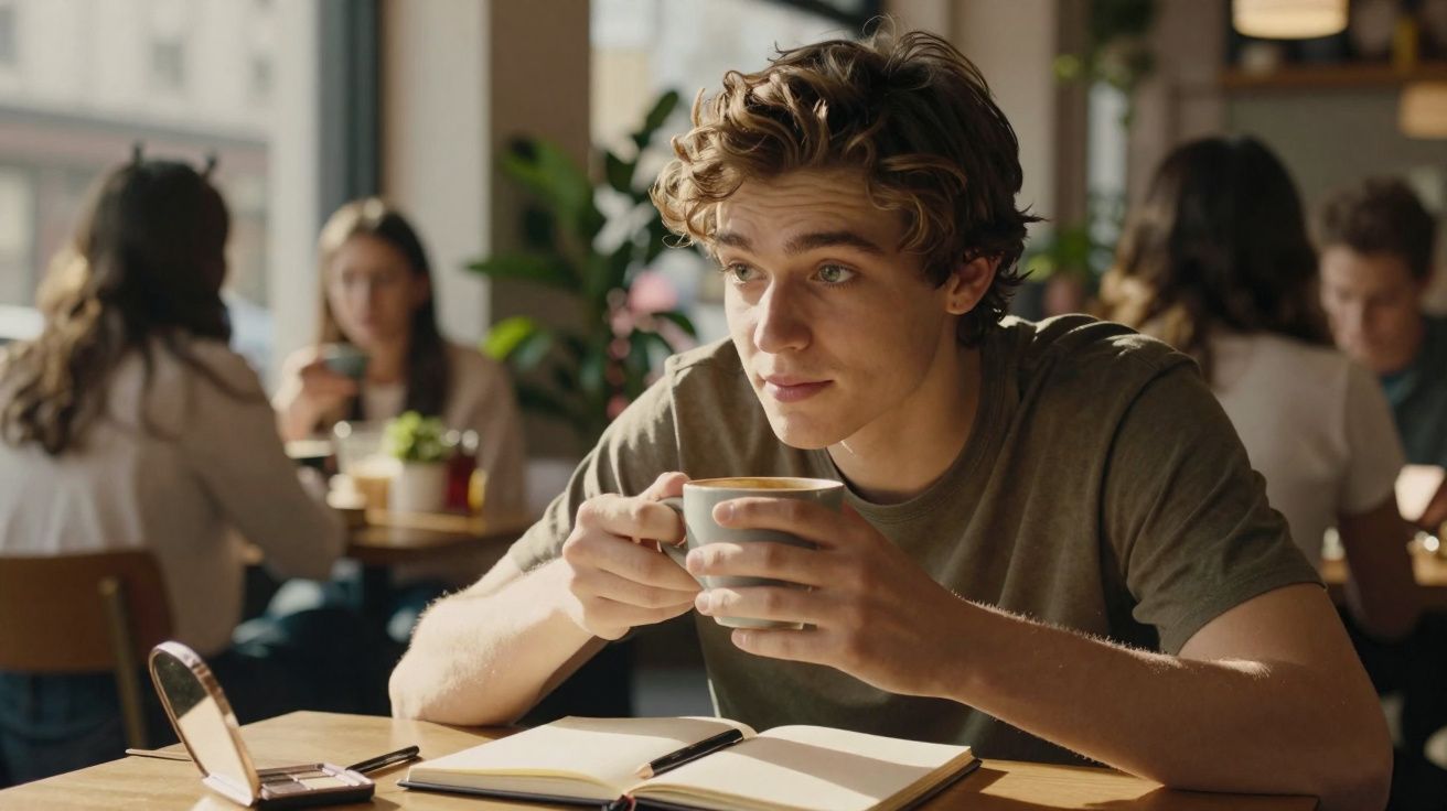 Jovem sentado em cafeteria segurando uma xícara de café, com caderno aberto à sua frente.