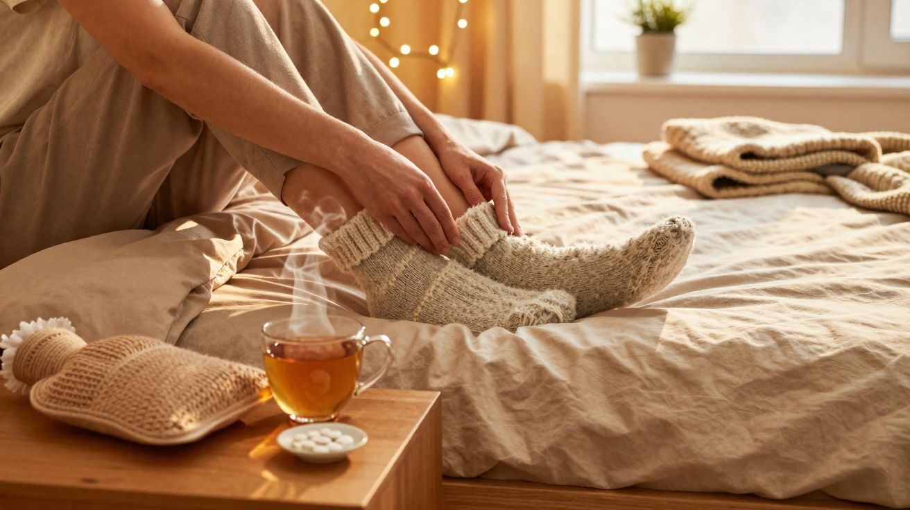Pessoa sentada na cama colocando meias, com chá quente, bolsa de água quente e remédios na mesa ao lado.