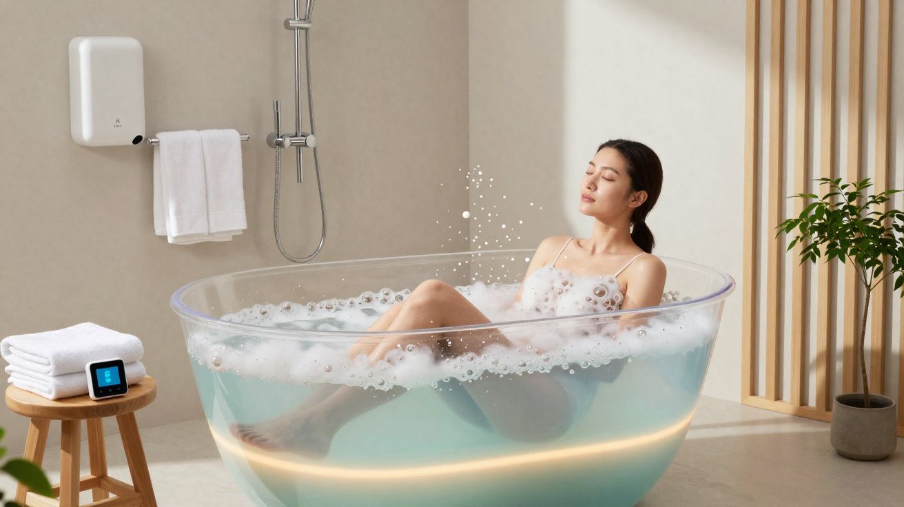Mulher relaxando em banheira transparente com espuma em banheiro moderno e iluminado.