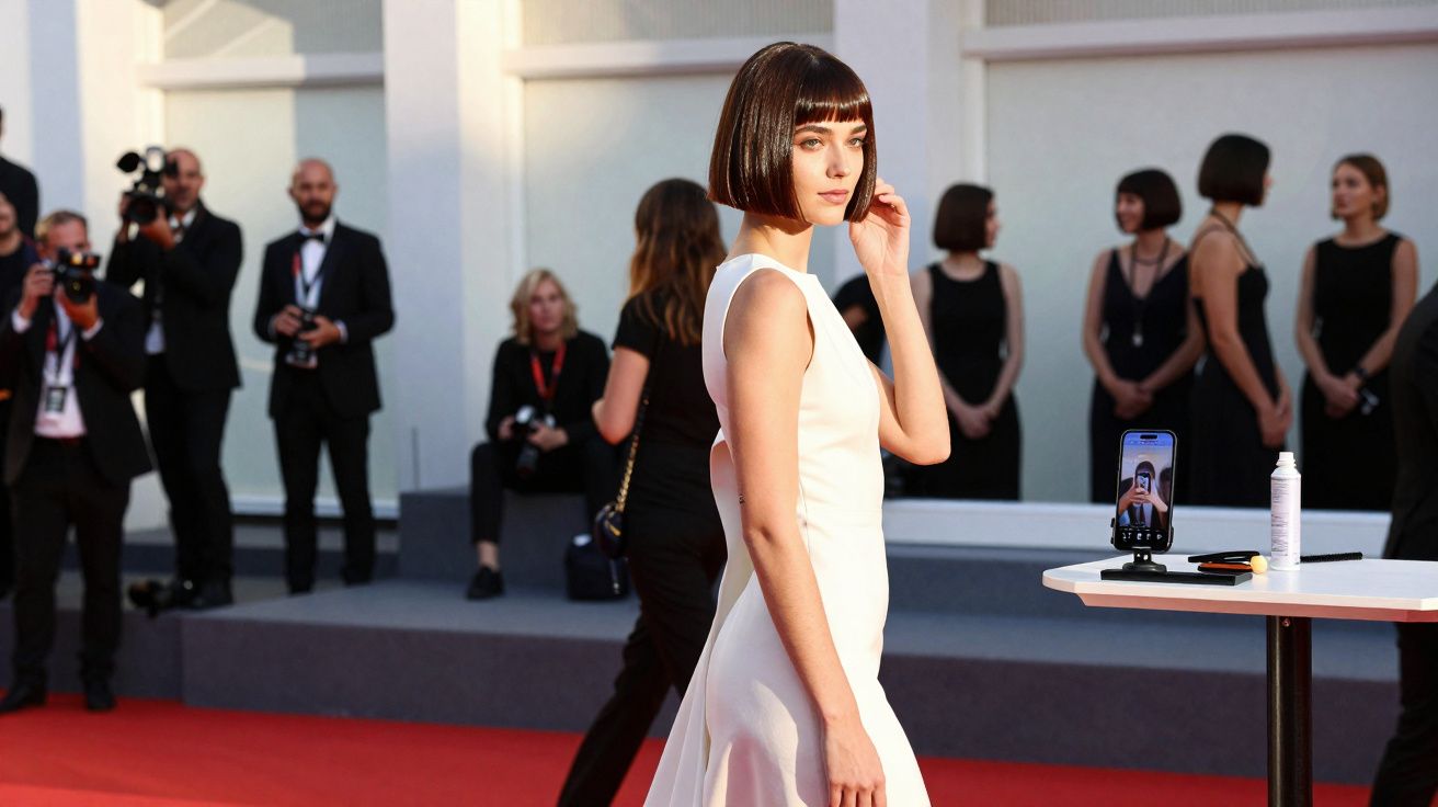 Mulher com vestido branco e cabelo curto em tapete vermelho, fotógrafos e outras pessoas ao fundo.