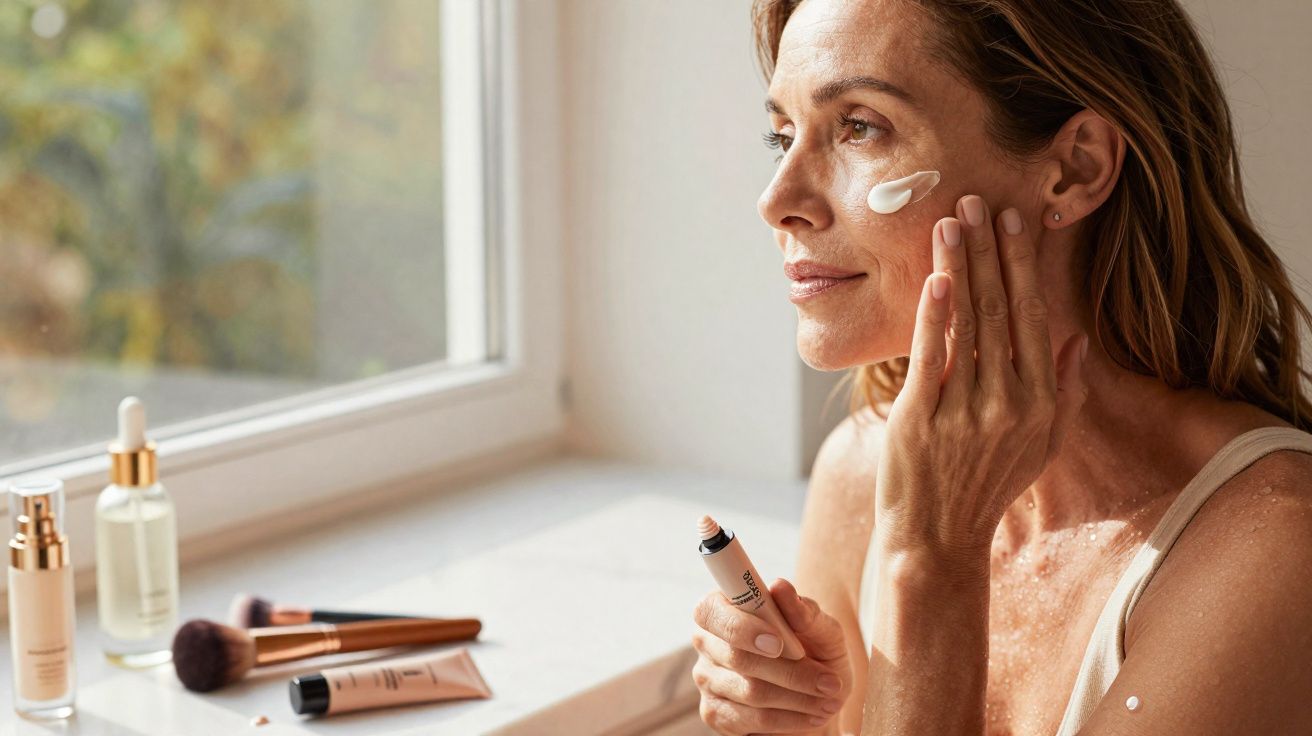 Mulher aplicando creme no rosto perto da janela com produtos de beleza e pincéis na mesa.