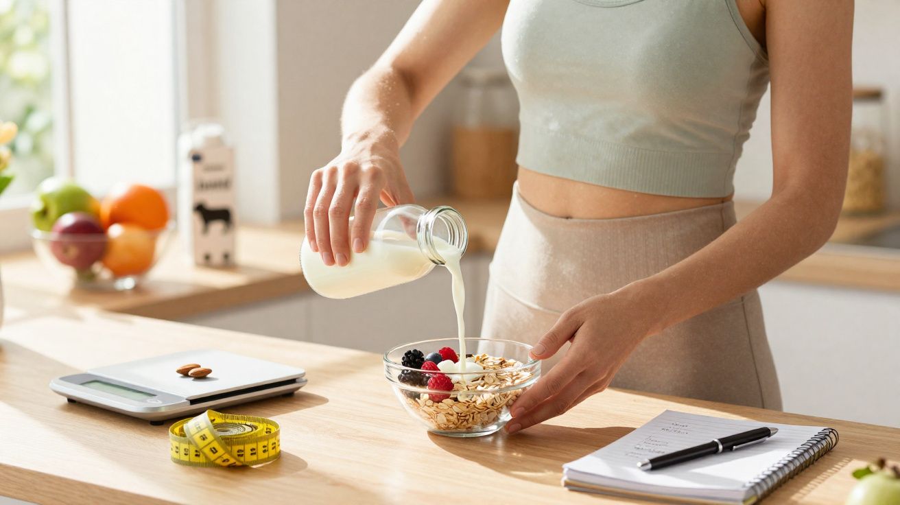 Pessoa derramando leite em tigela com granola e frutas na cozinha, ao lado de fita métrica e balança digital.
