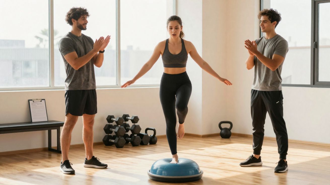 Mulher fazendo equilíbrio em disco de estabilidade com dois homens aplaudindo em academia iluminada.