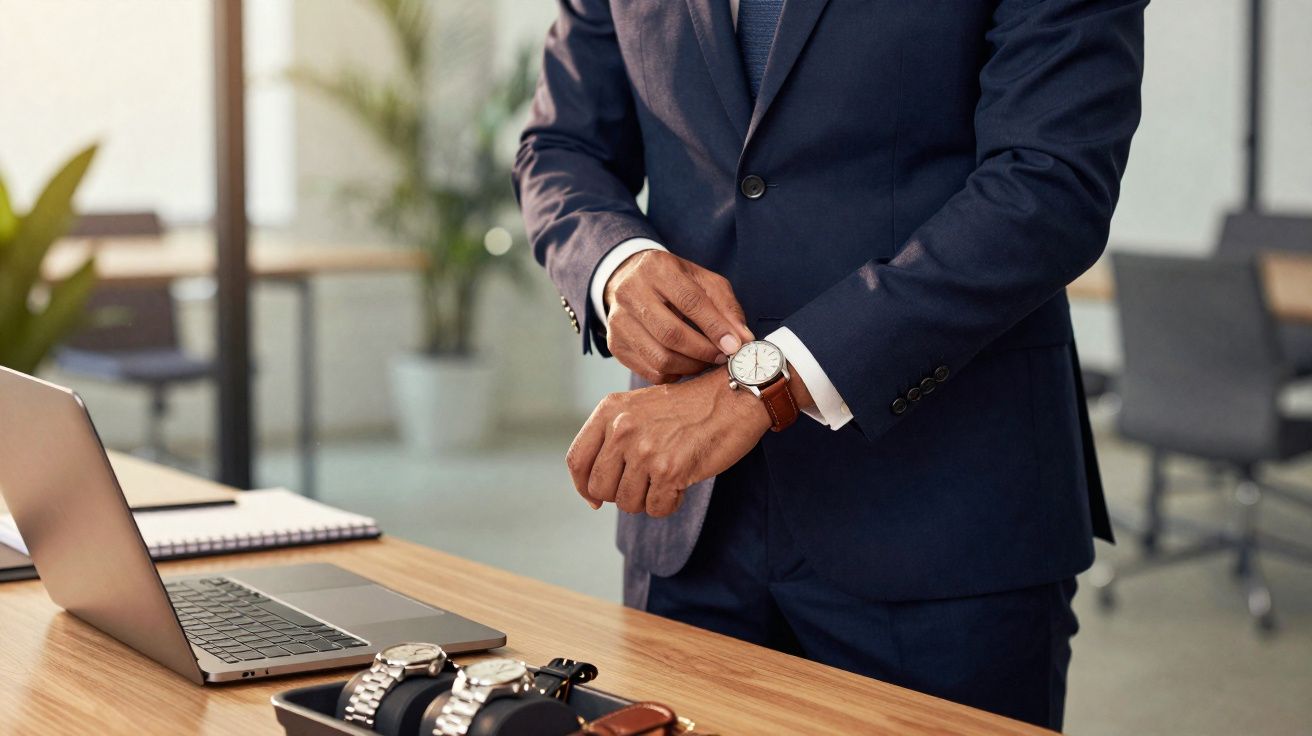 Homem vestindo terno azul escuro ajusta relógio de pulso em escritório moderno com laptop na mesa.
