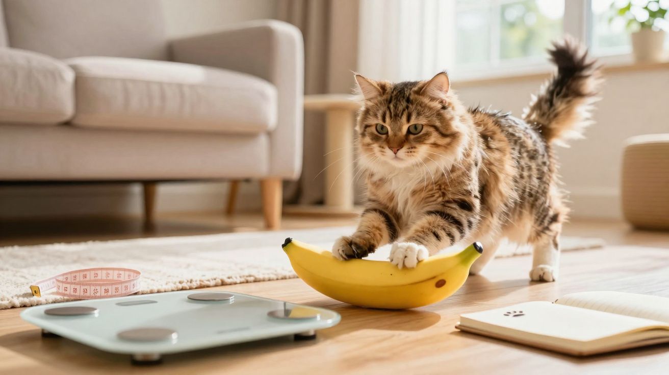 Gato marrom peludo com patas brancas brincando com uma banana em sala com balança, fita métrica e caderno.