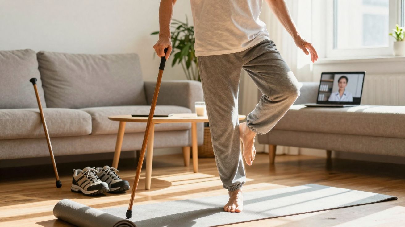 Pessoa com bengala fazendo exercício de equilíbrio em tapete na sala durante teleconsulta médica.