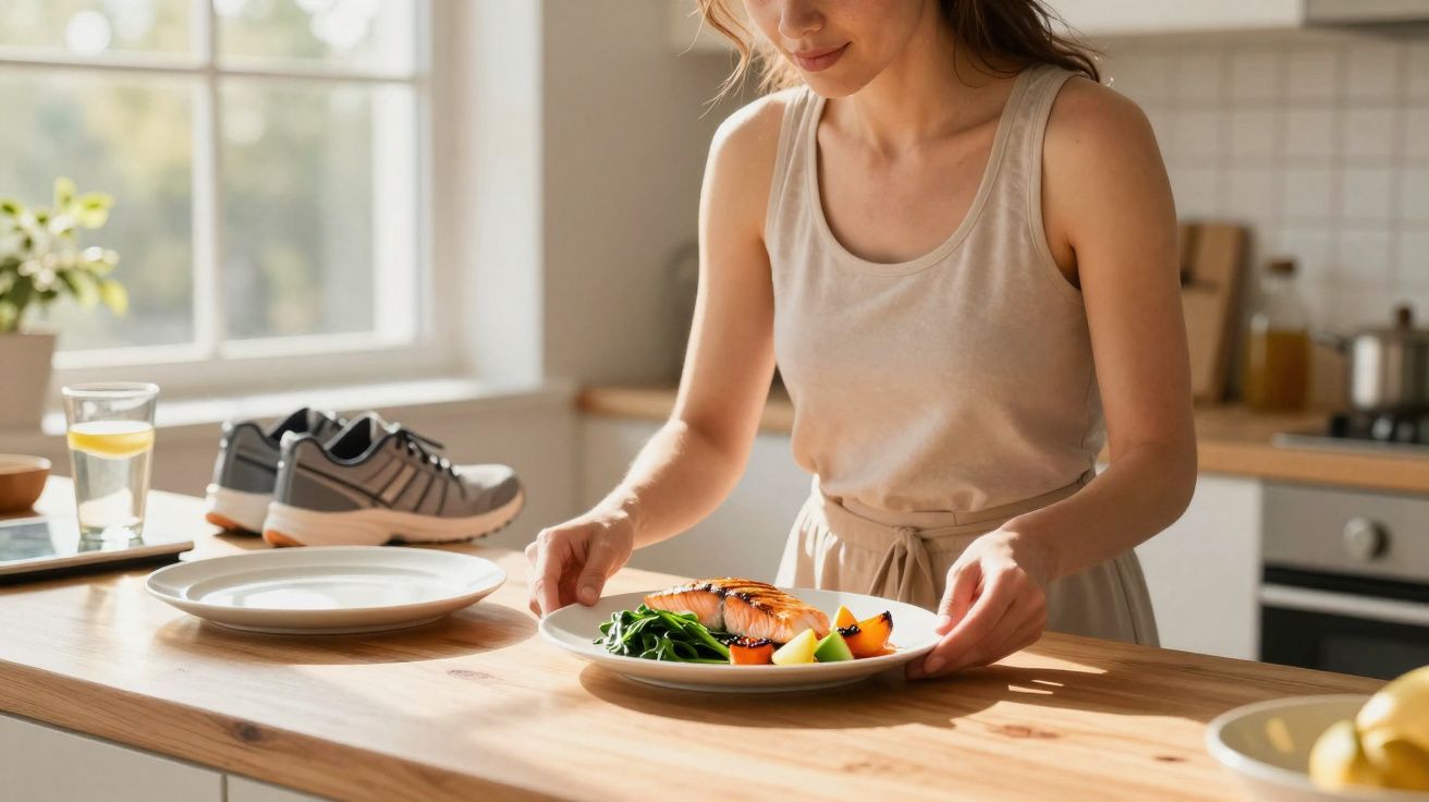 Mulher colocando prato com salmão e legumes em bancada de madeira em cozinha iluminada.