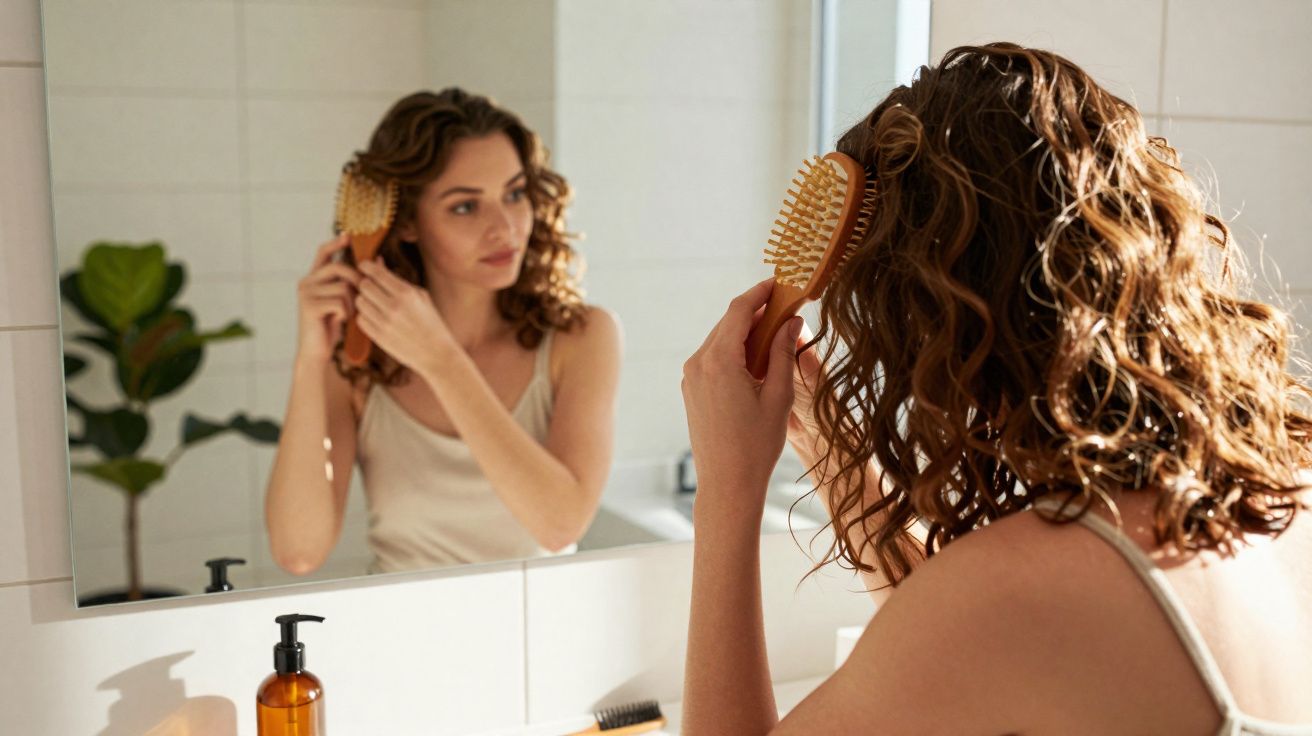 Mulher penteando cabelos cacheados em frente ao espelho em banheiro bem iluminado.
