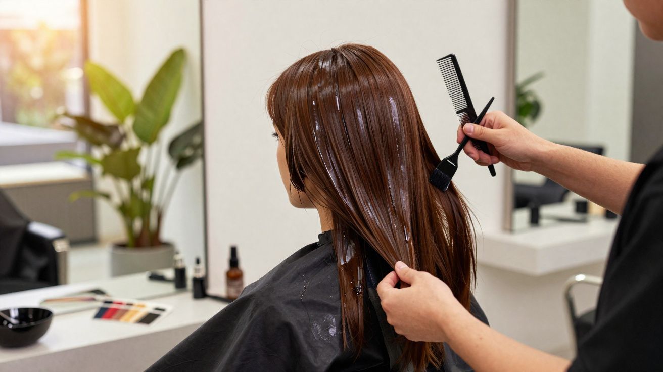 Profissional aplicando produto capilar em cabelo longo castanho em salão moderno.