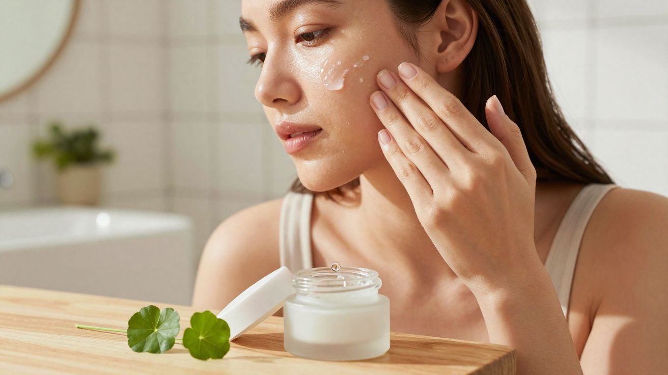 Mulher aplicando creme hidratante no rosto, ao lado de pote de vidro com tampa branca e folhas verdes.