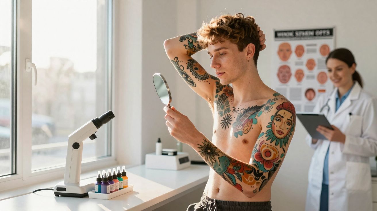 Homem com tatuagens coloridas nas costas e braços olhando seu reflexo em um espelho, em consultório médico.