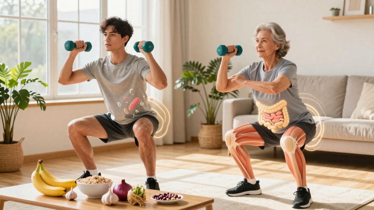 Homem jovem e mulher idosa fazendo agachamento com halteres em sala iluminada, com alimentos saudáveis à frente.