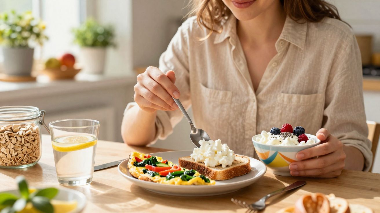 Mulher preparando torrada com queijo cottage e frutas em café da manhã saudável e iluminado pela manhã.