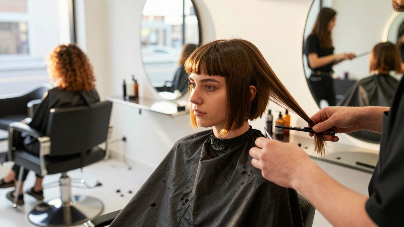 Mulher jovem recebendo corte de cabelo em salão moderno com espelhos redondos e cadeira preta.
