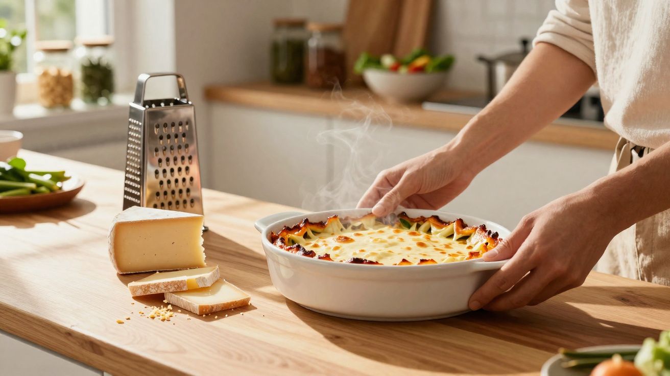 Mãos segurando travessa com torta quente recém saída do forno em bancada de madeira com queijo e ralador.