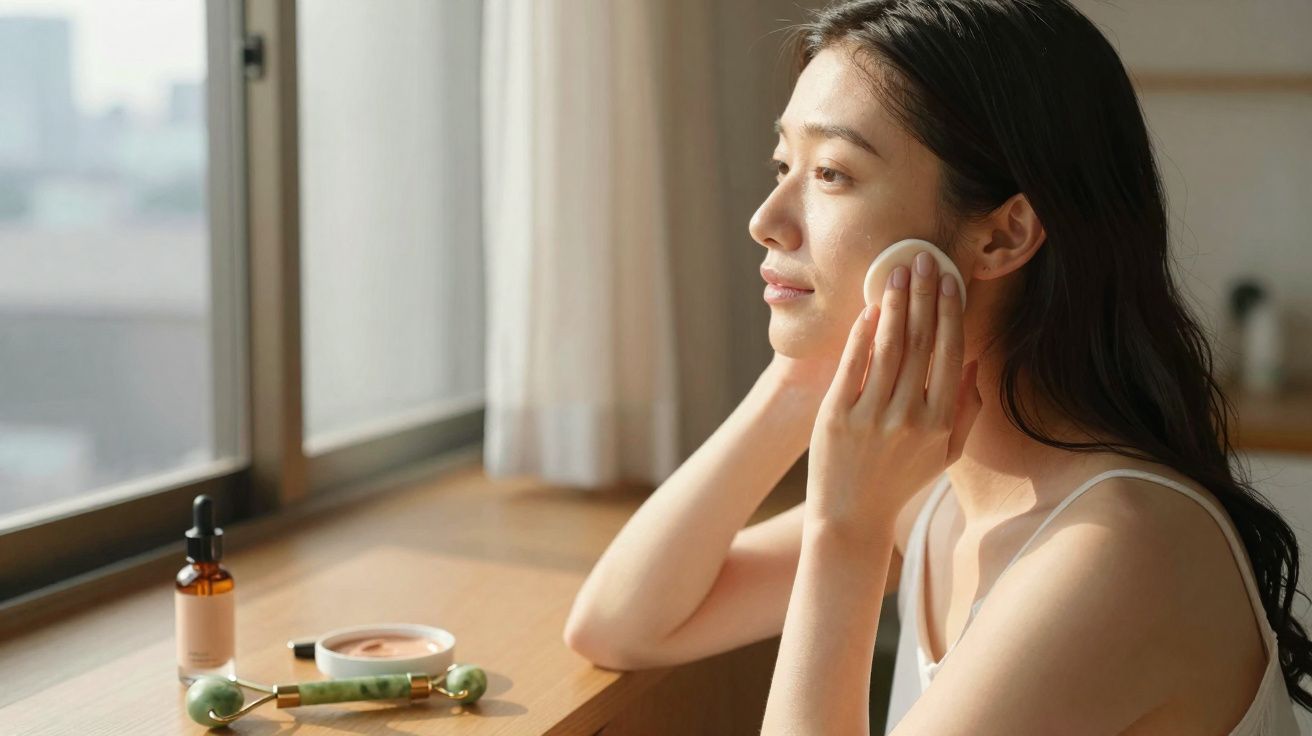 Mulher aplica produto de beleza no rosto sentada perto de janela com itens de skincare na mesa.