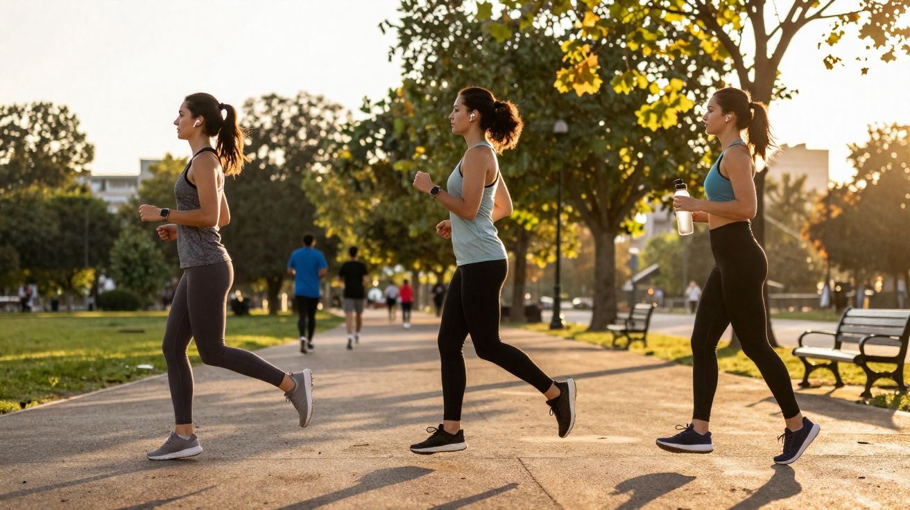 Três mulheres correndo em parque com árvores e bancos ao entardecer, vestindo roupas esportivas.
