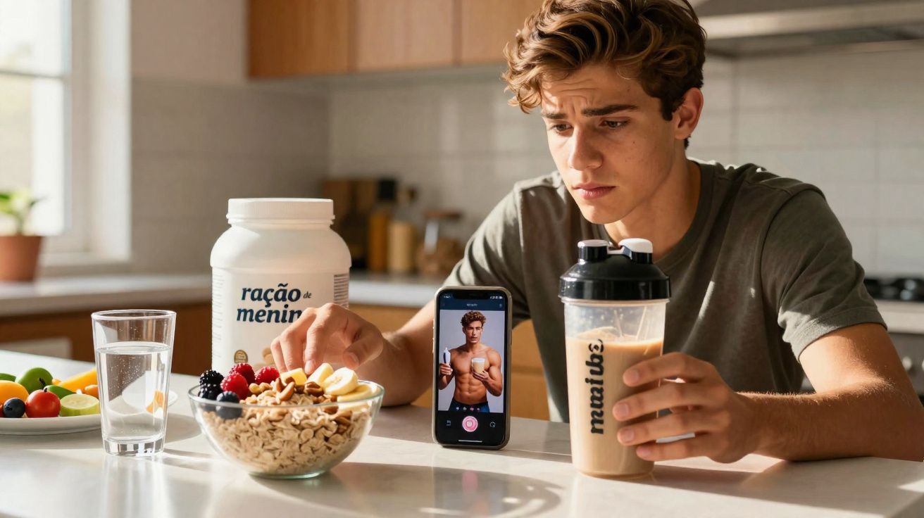 Jovem olhando para celular com foto fitness, segurando copo de shake na cozinha, com refeição saudável na mesa.