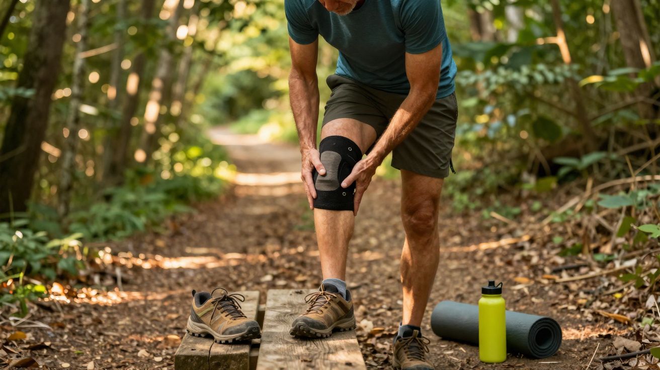 Homem com roupa de corrida verifica proteção no joelho durante caminhada em trilha na floresta.