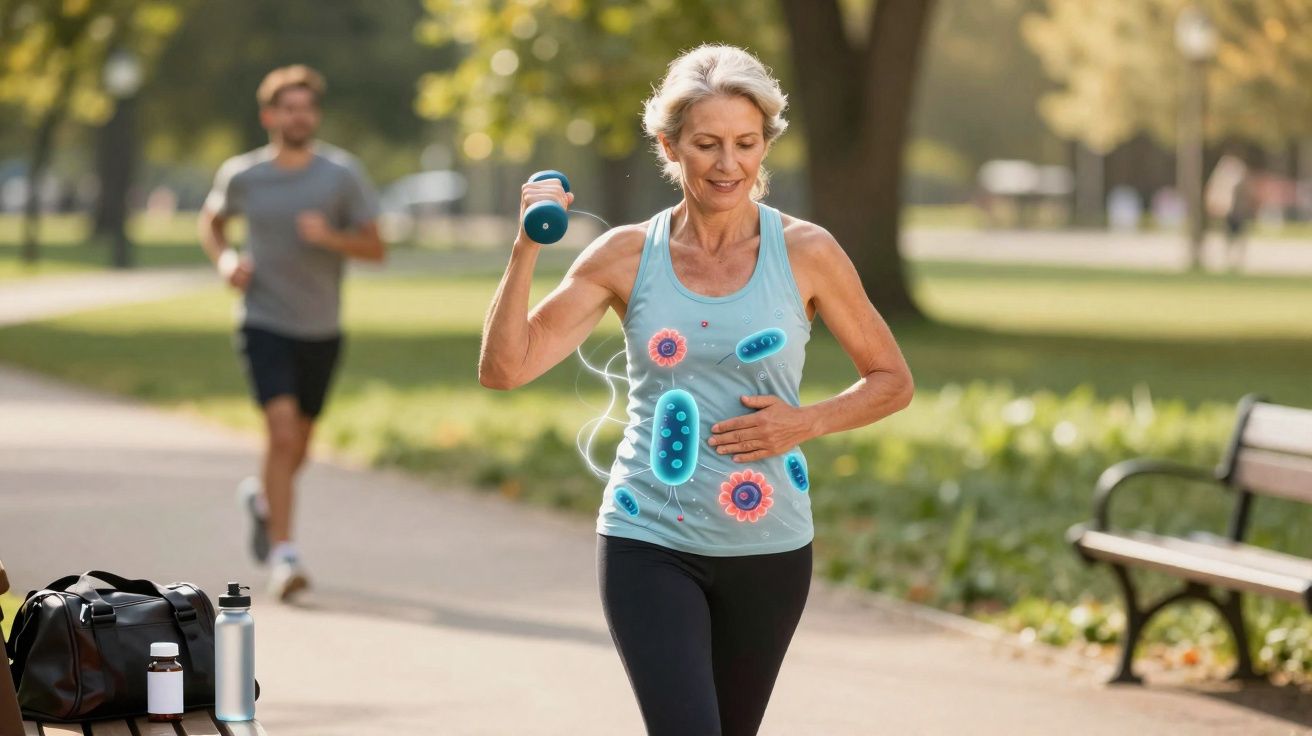 Mulher madura correndo com halteres em parque, com ilustrações de bactérias sobrepostas no corpo.