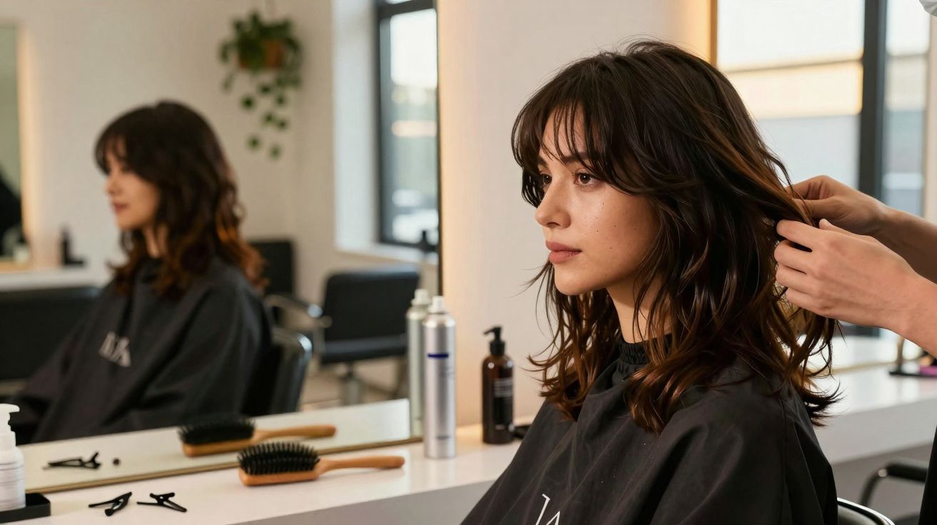 Mulher sentada em cadeira de salão de beleza enquanto profissional arruma seu cabelo castanho ondulado.