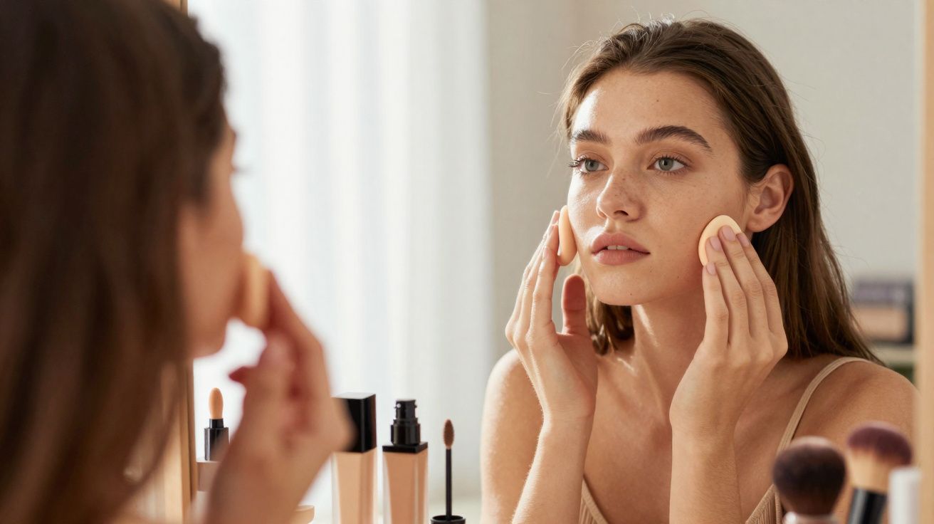 Jovem aplicando maquiagem no rosto enquanto se olha no espelho, com produtos de beleza sobre a mesa.