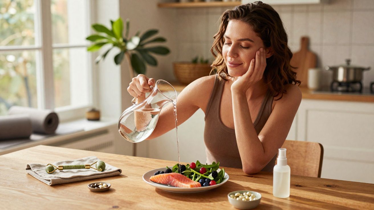 Mulher sentada à mesa na cozinha, servindo água em prato com peixe, verduras e frutas.