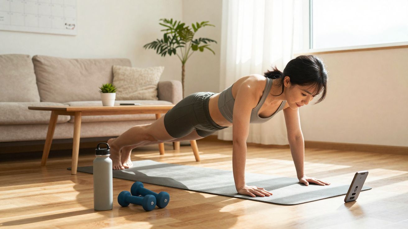 Mulher fazendo prancha no tapete da sala durante treino em casa com garrafa e halteres ao lado.