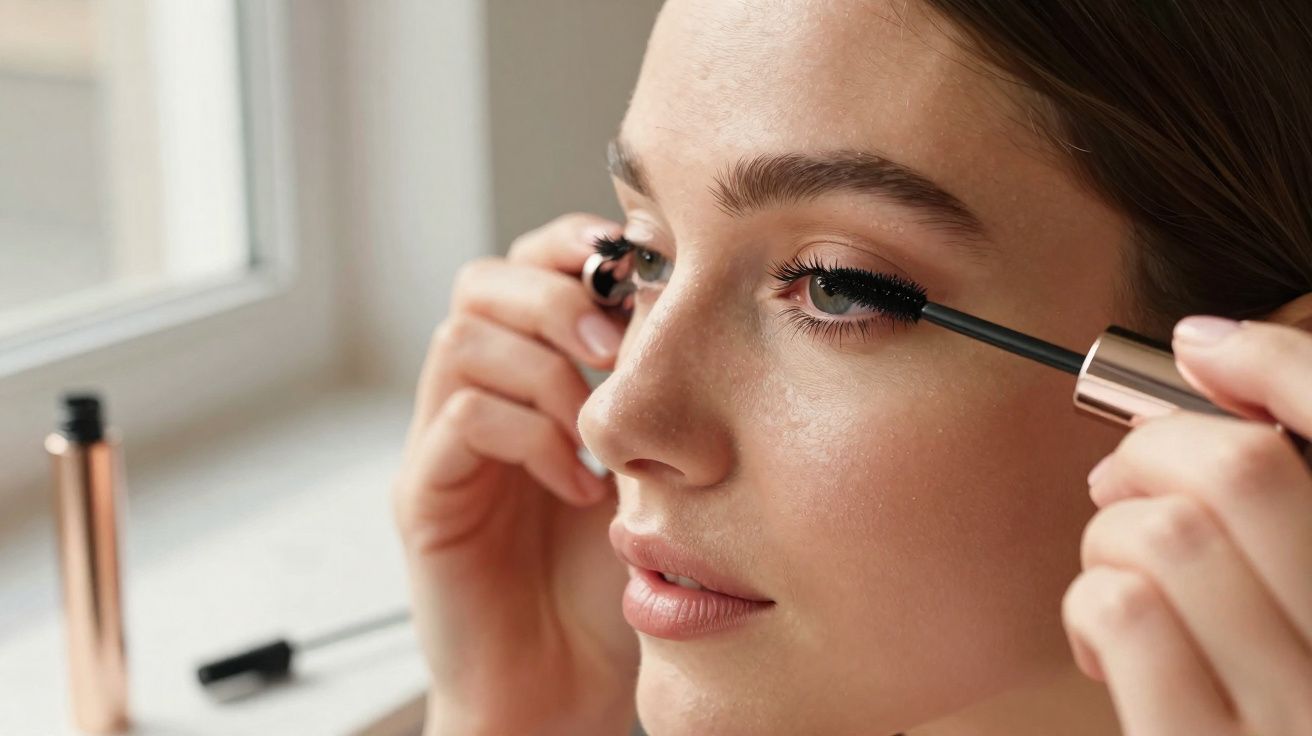 Mulher aplicando máscara de cílios preta no olho, com janela ao fundo desfocada.