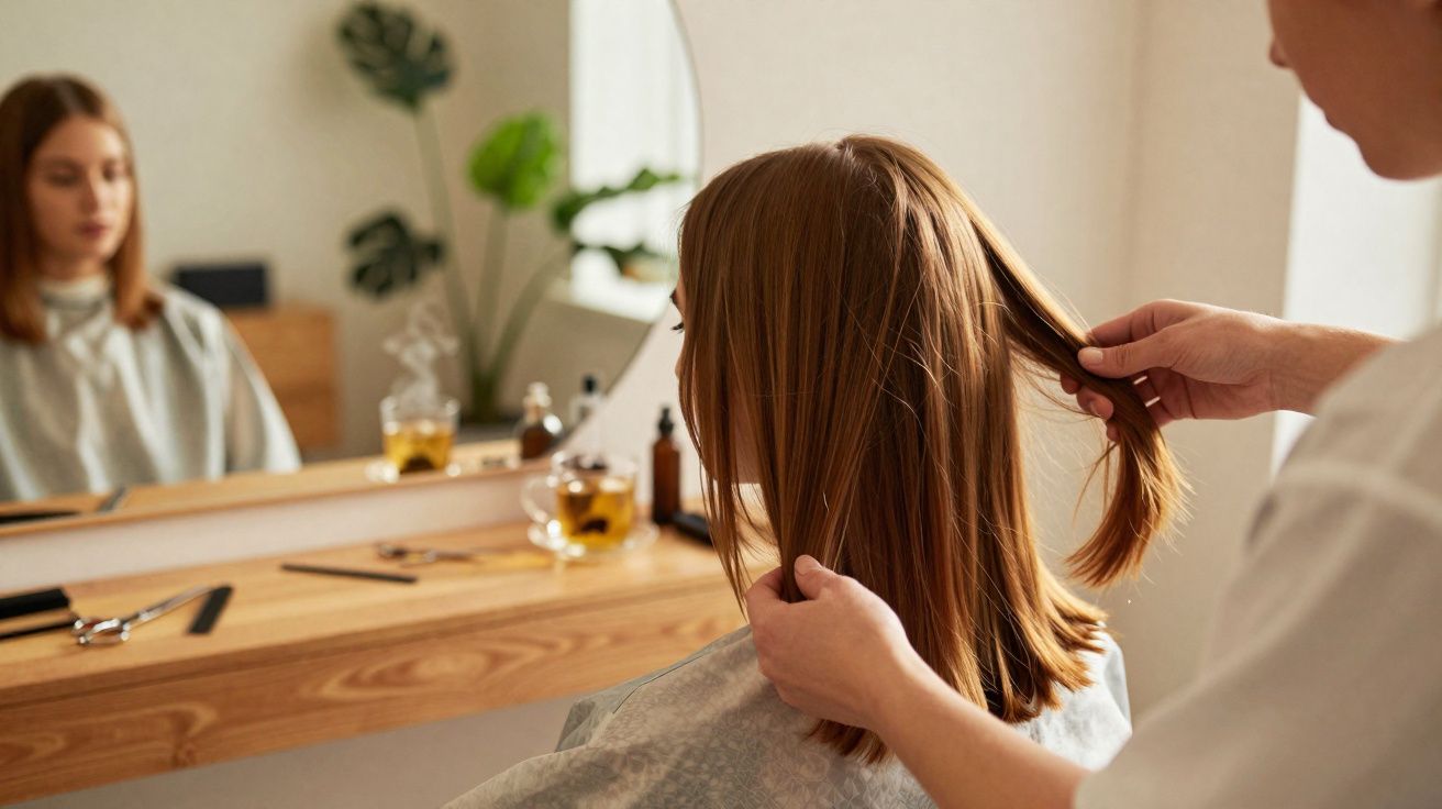 Pessoa loira sentada em salão de beleza tendo cabelo analisado por cabeleireiro, espelho à frente.