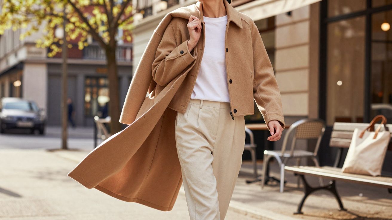 Pessoa caminhando na rua vestindo casaco bege longo, jaqueta bege curta, camiseta branca e calça clara.