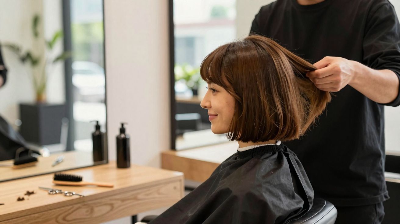 Mulher com cabelo curto sendo penteada por cabeleireiro em salão de beleza moderno.