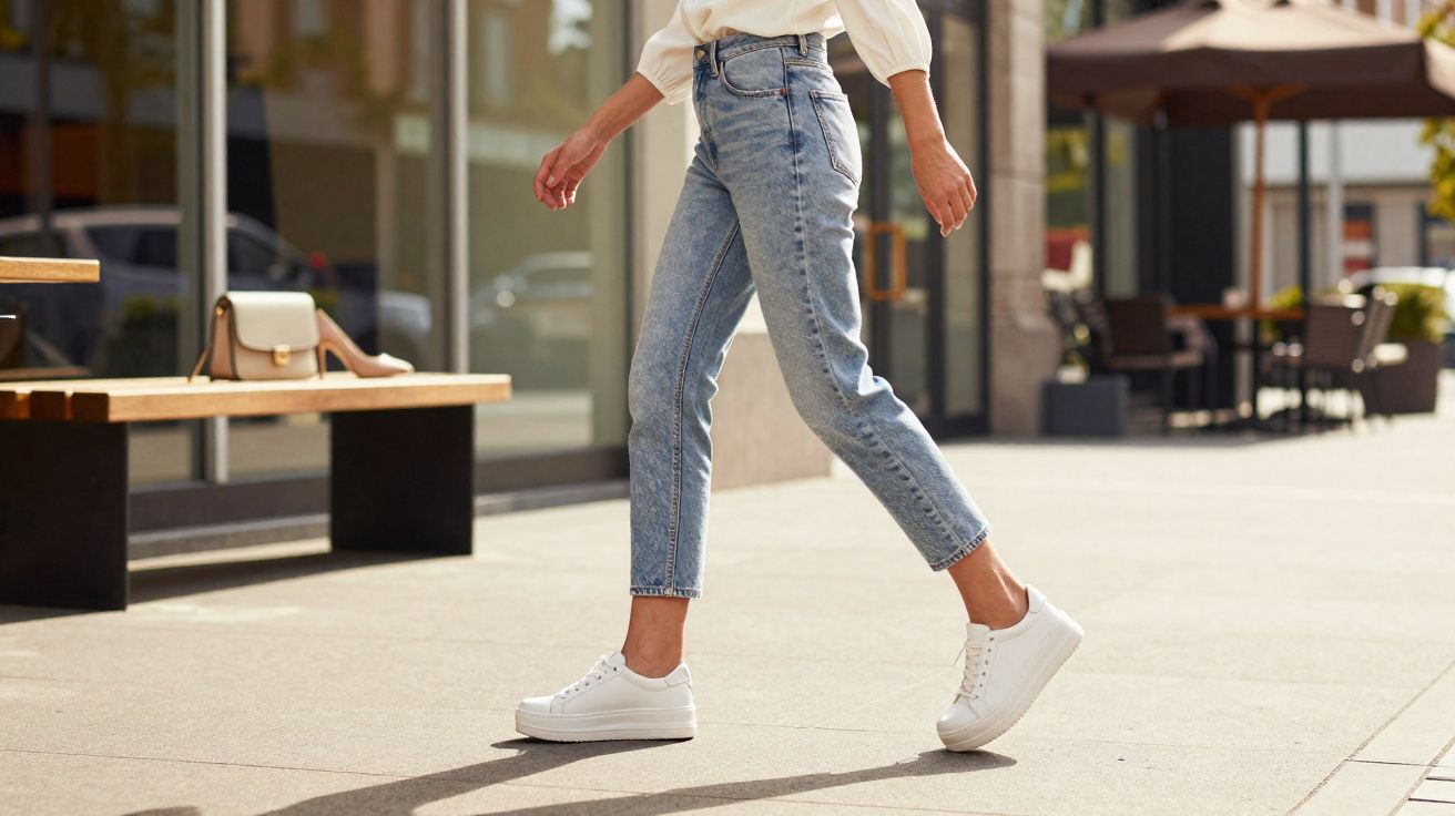 Pessoa caminhando na calçada com jeans azul e tênis branco em área urbana ensolarada.