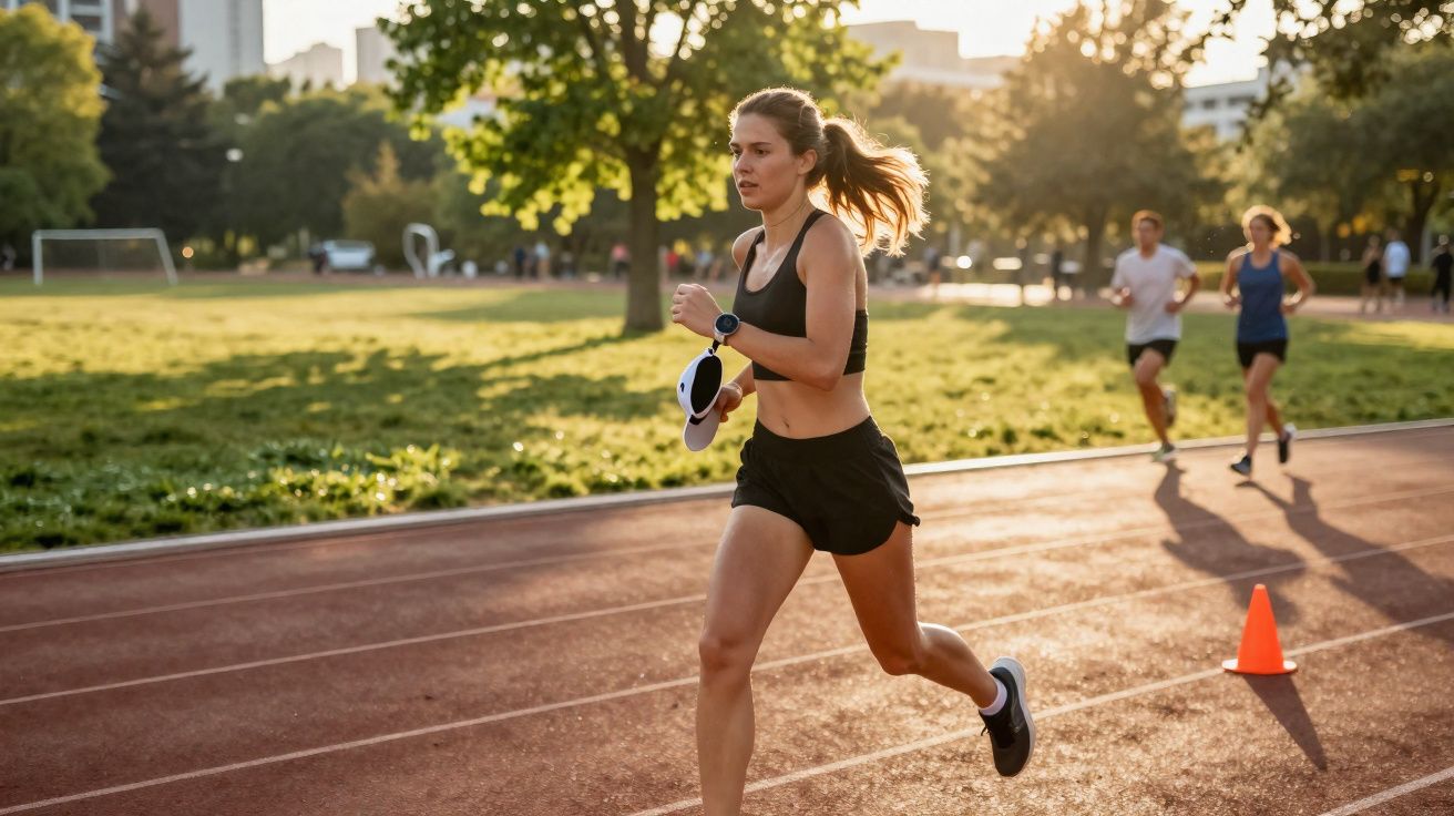 Mulher correndo em pista ao ar livre com outras pessoas ao fundo e sol baixo no horizonte.