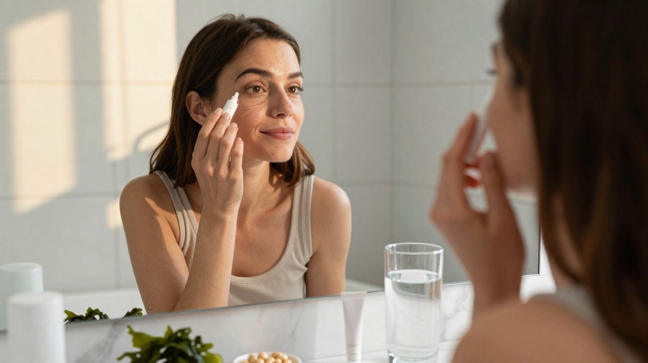 Mulher aplicando creme no rosto em frente ao espelho com copo d'água e produtos na bancada.