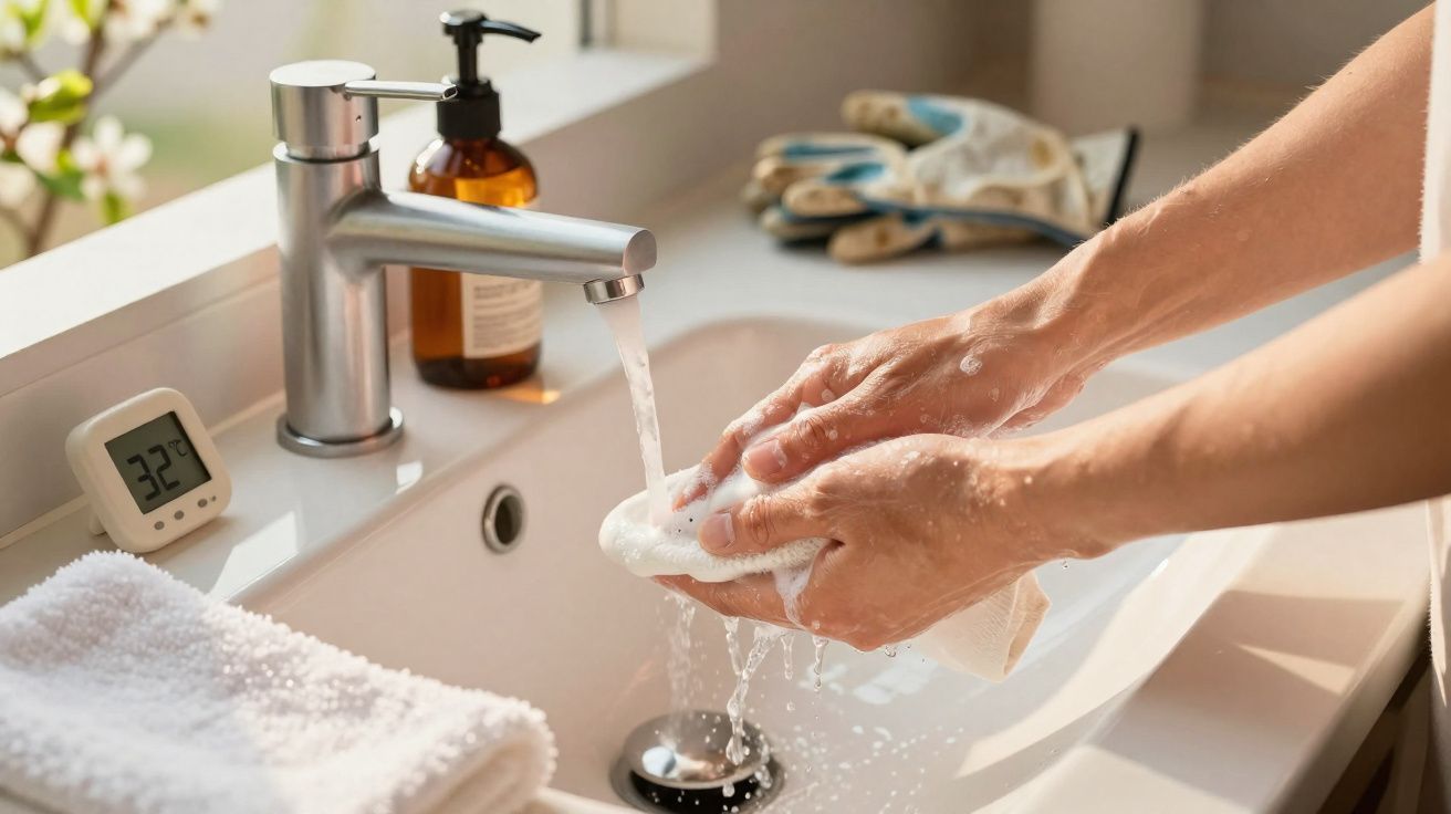Pessoa lavando uma toalha branca com espuma em uma pia com torneira aberta, sabonete líquido e toalhas.