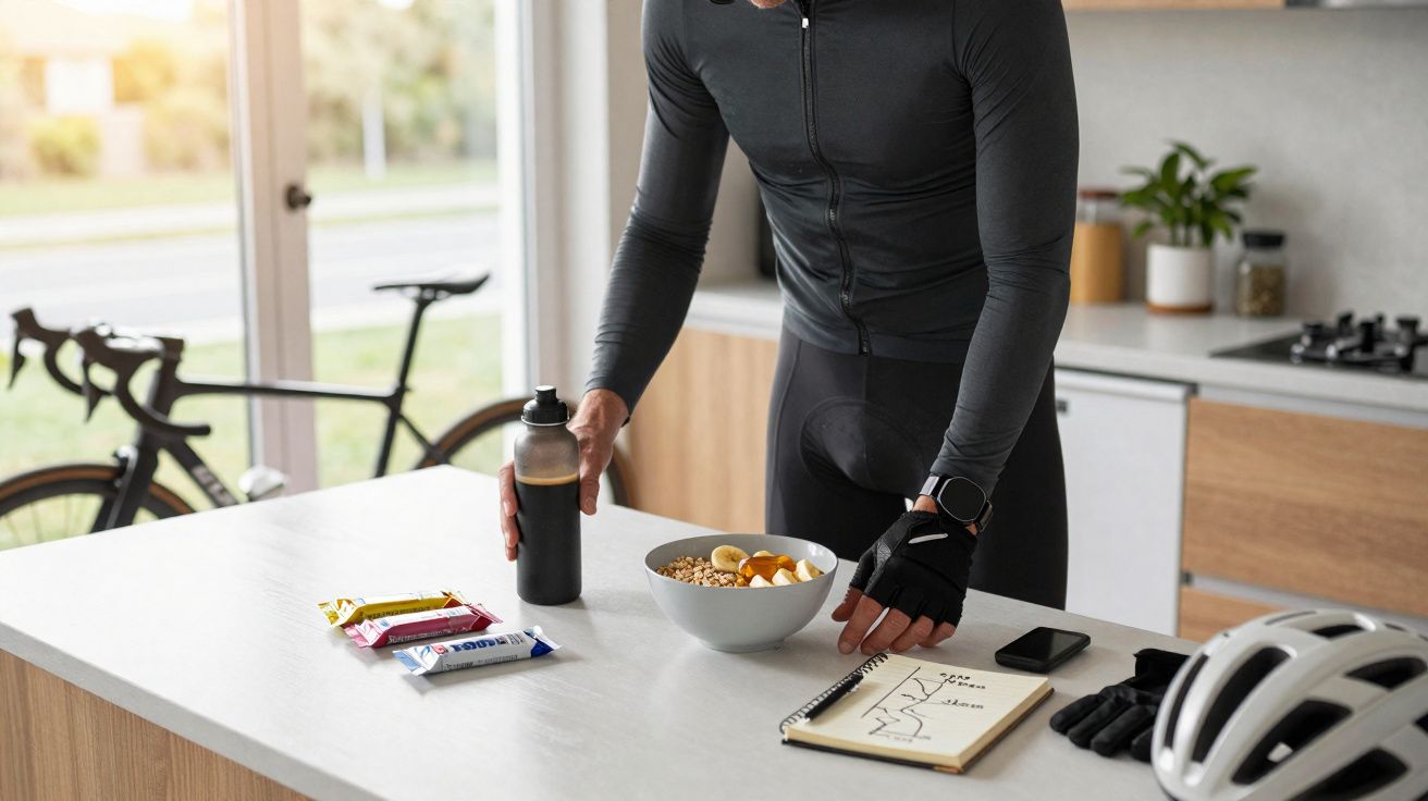 Pessoa vestindo roupa ciclística prepara lanche com barra de cereal, bebida e banana em cozinha moderna.