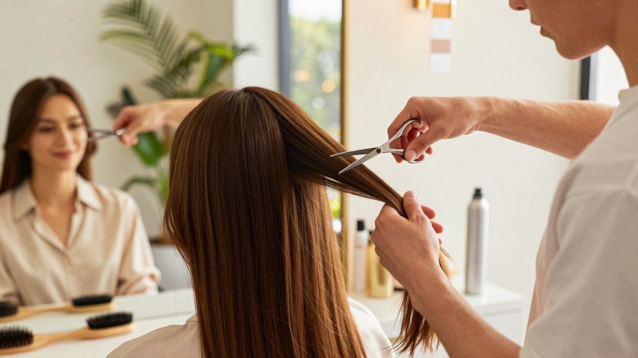 Mulher recebendo corte de cabelo com tesoura em salão com profissional ao lado e espelho à frente.