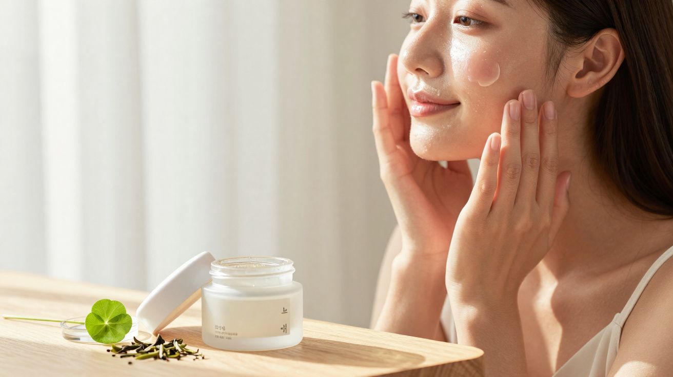 Mulher aplicando creme facial em ambiente iluminado com pote de creme sobre mesa de madeira.