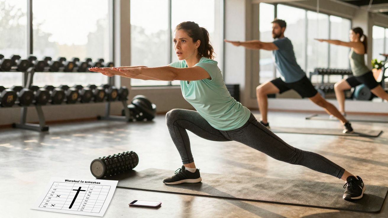 Grupo praticando alongamento em estúdio de ginástica com colchonetes e pesos ao fundo.