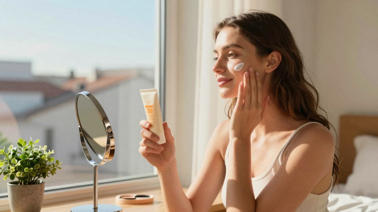Mulher aplicando protetor solar no rosto sentada perto da janela em ambiente iluminado.