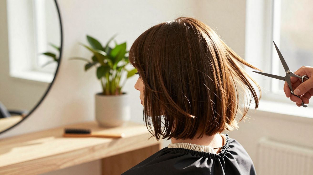 Pessoa com cabelo castanho curto prestes a ter o cabelo cortado em salão iluminado naturalment.