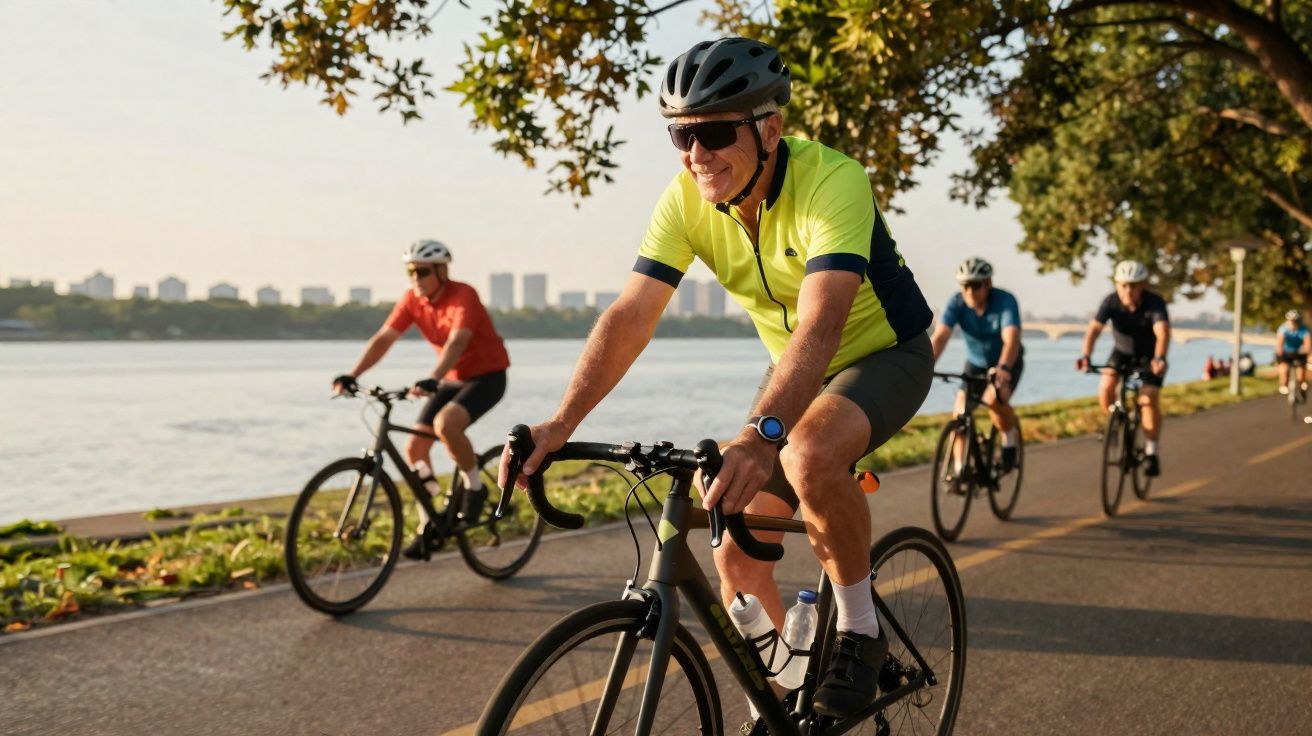 Grupo de ciclistas adultos pedalando em pista à beira de rio ao entardecer.