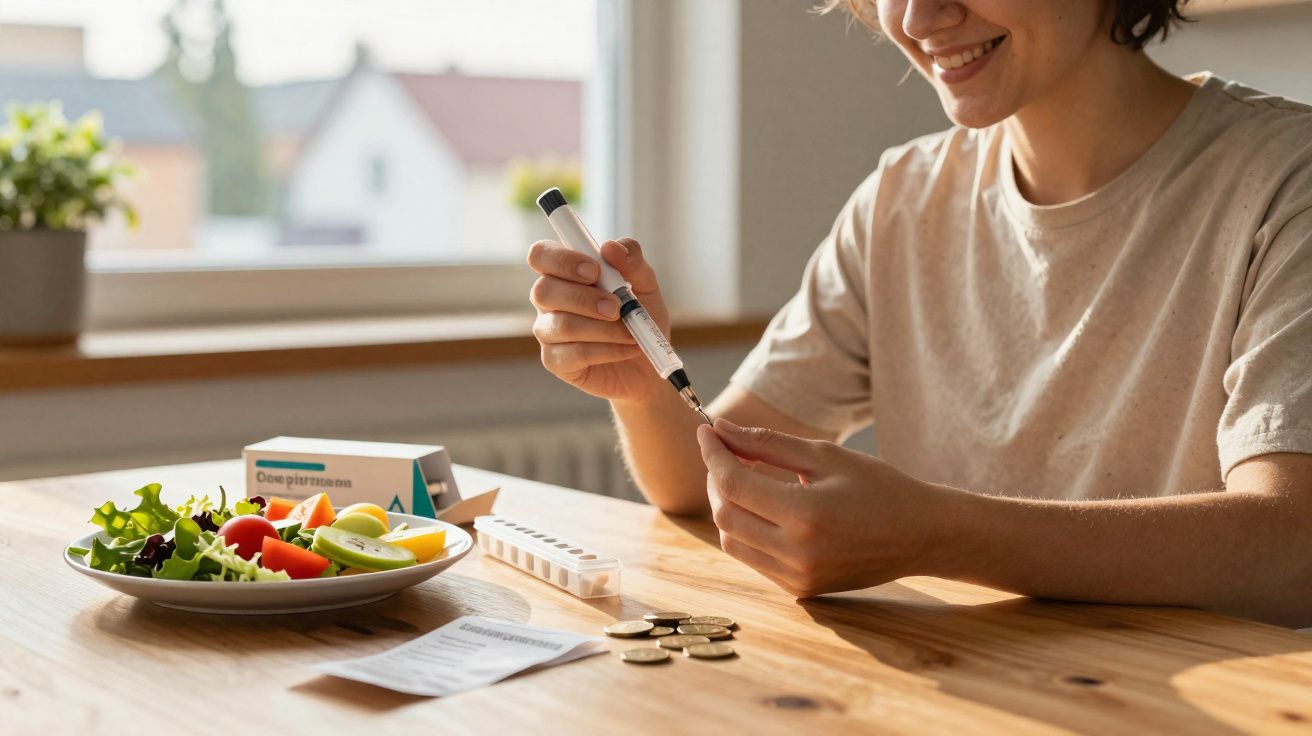 Pessoa medindo glicose no sangue em casa, com alimentos saudáveis e remédio à mesa.