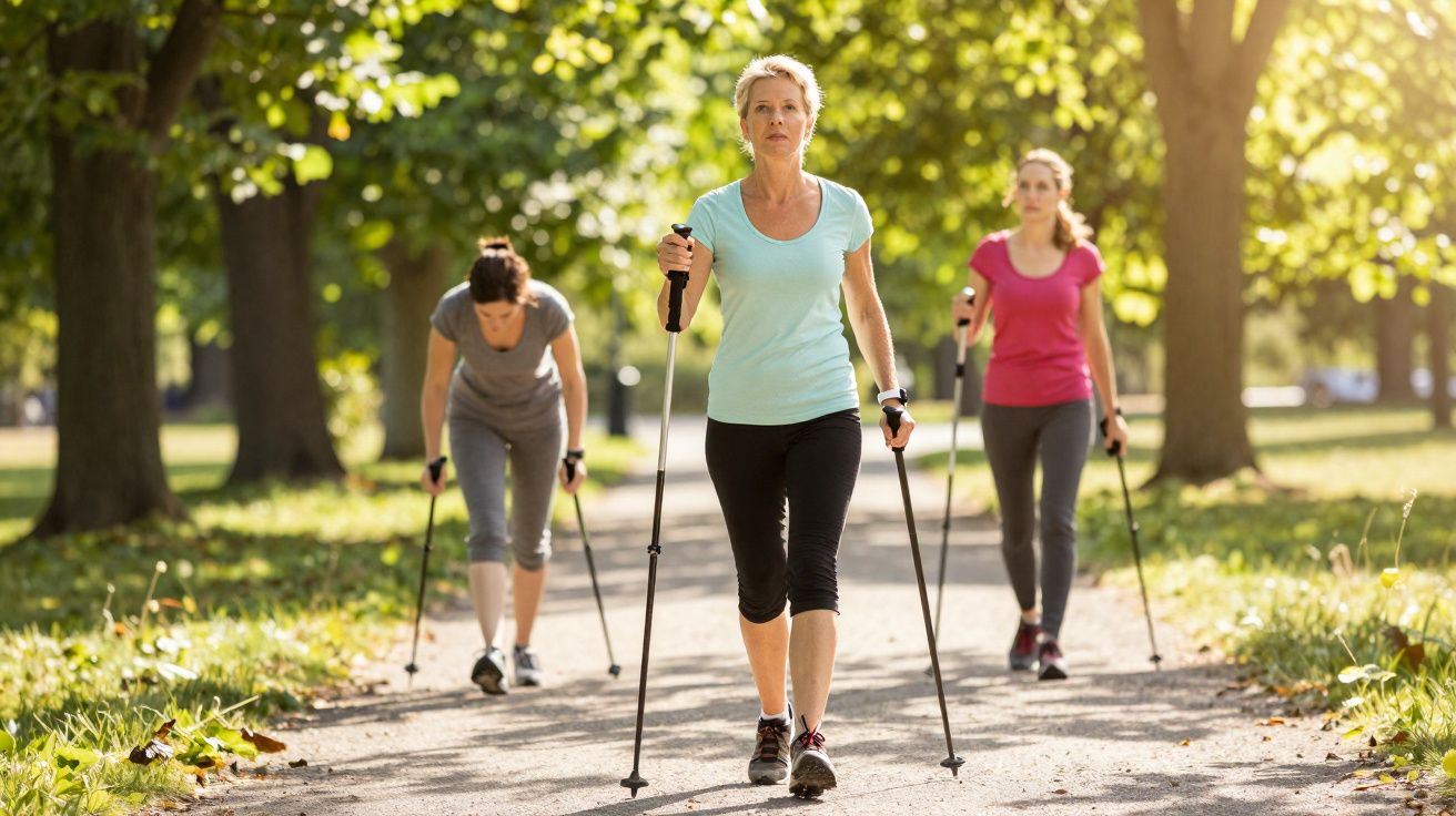 Três mulheres praticando caminhada com bastões em parque ensolarado com árvores ao redor.