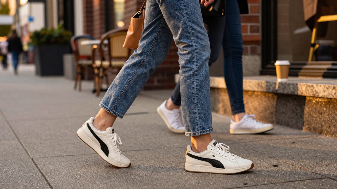 Duas pessoas caminhando em calçada urbana, ambas de tênis brancos e jeans, com um copo de café ao fundo.